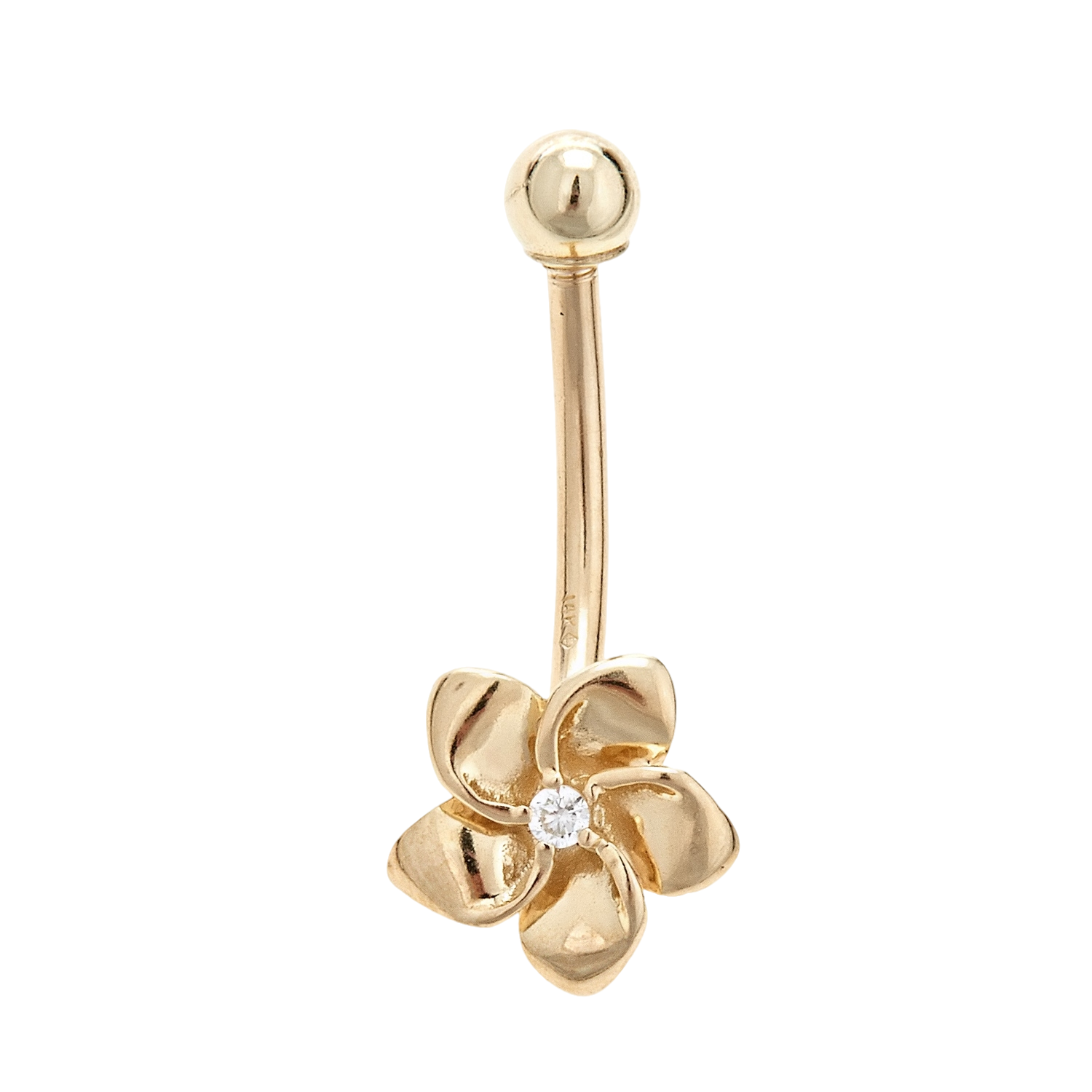 14K Solid Gold Belly Ring In a Flower Design With Center CZ Stone