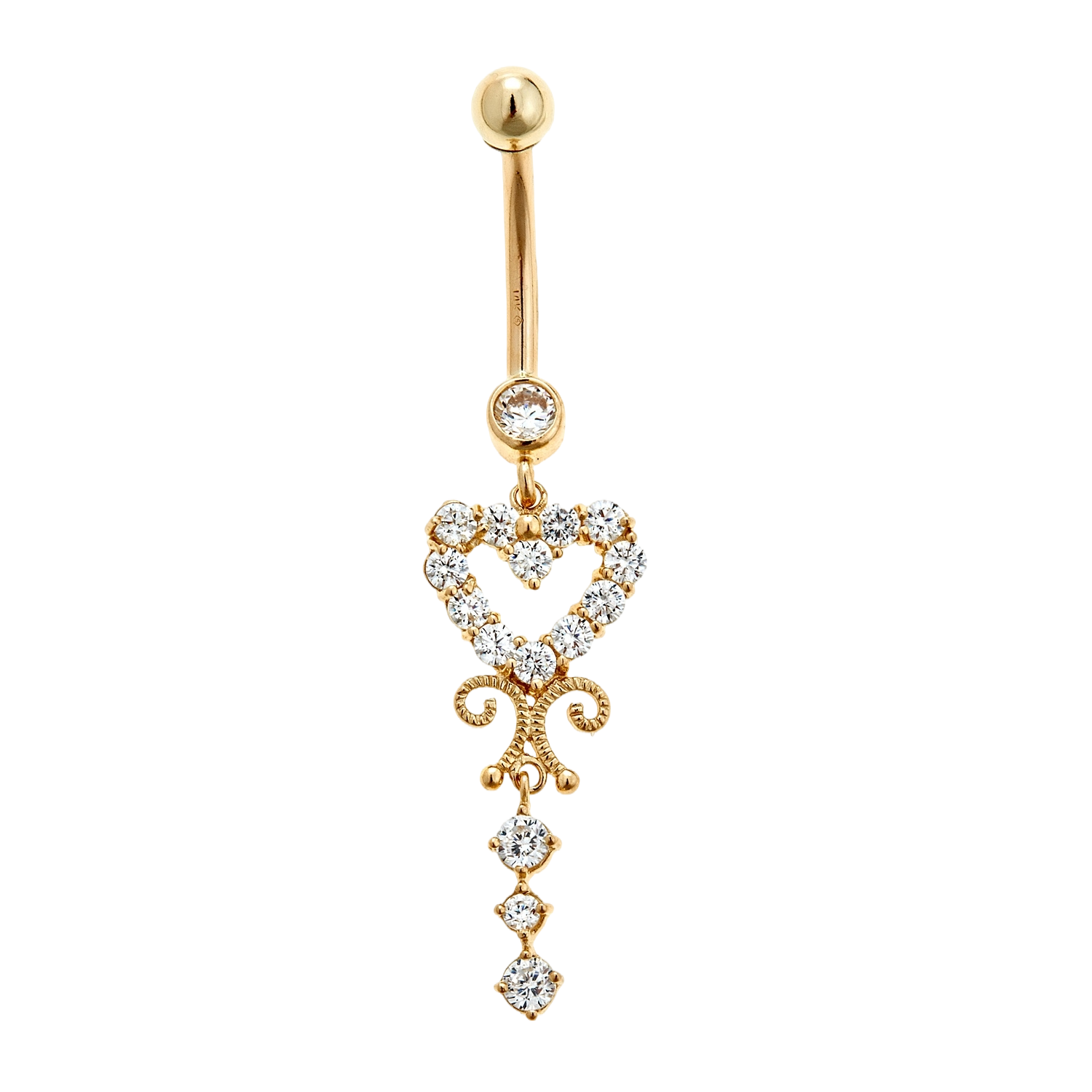 14K Solid Gold Heart Shaped Belly Ring With CZs