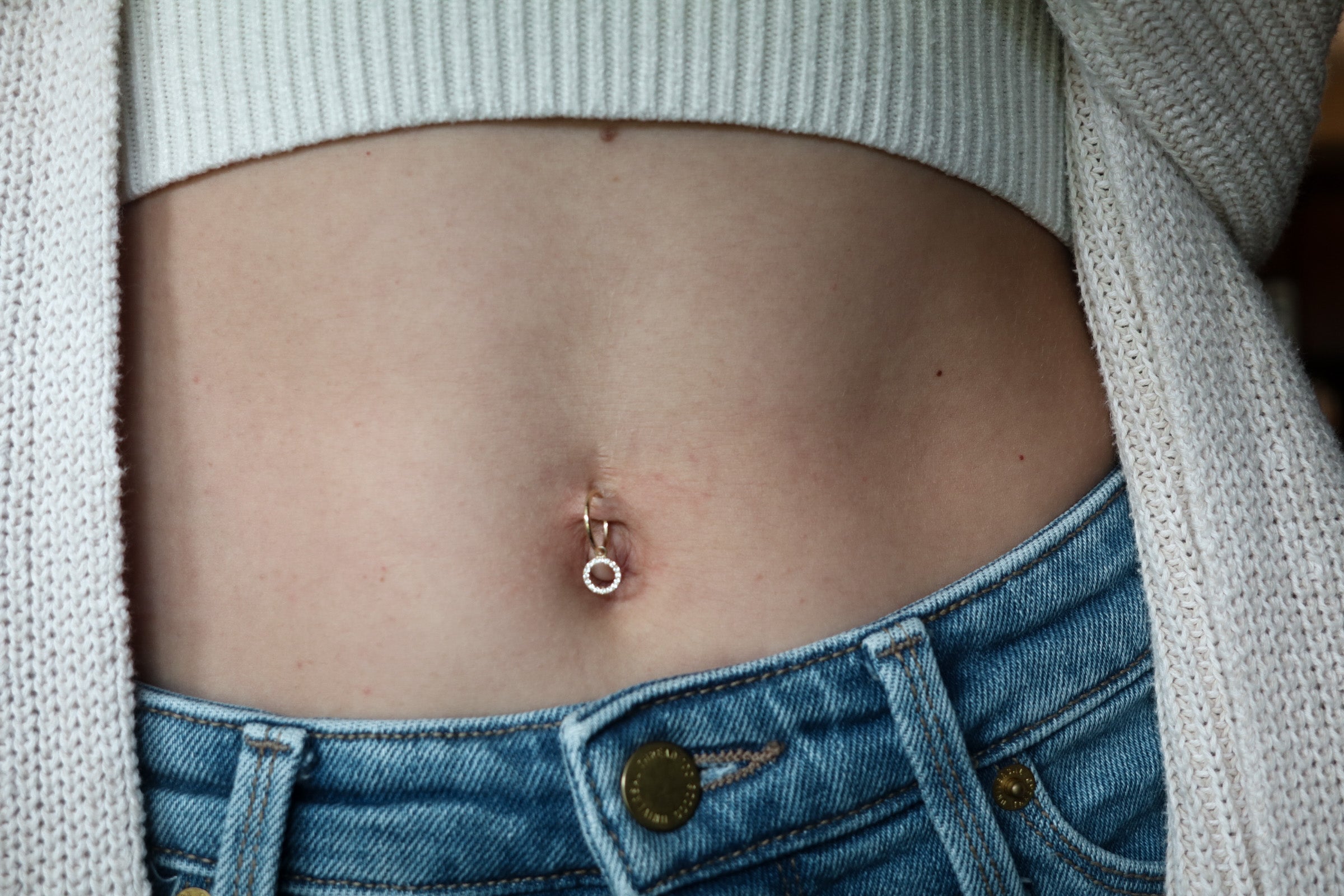 14K Solid Gold Belly Ring Hoop with a 10K Solid Yellow Gold Dangling Circle Charm